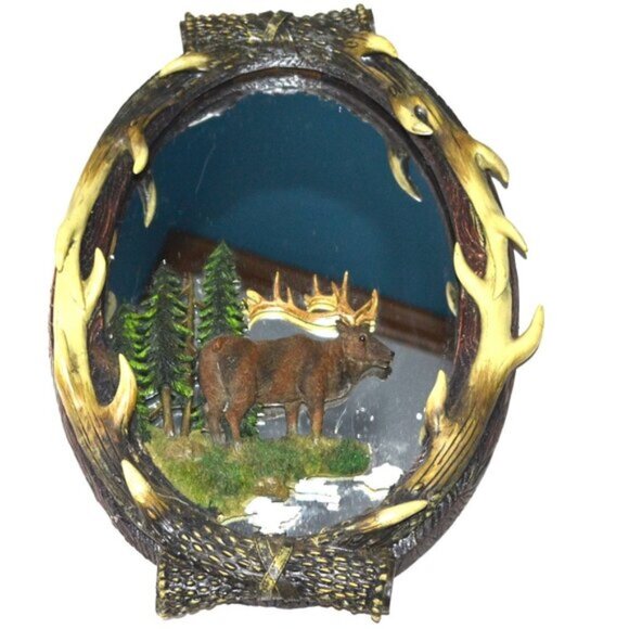 Rustic Oval Wall Mirror With Moose Antler Trim Frame Home And Camp Decor - Picture 1 of 7